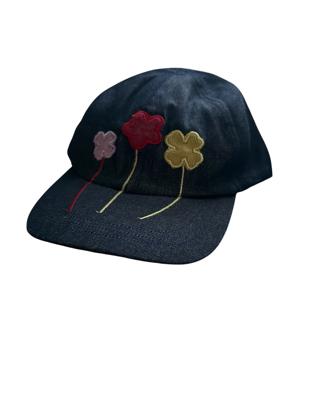 Girls Navy Blue Kid’s Denim Cap Pink Red Yellow Flower Appliqués - Set of 8